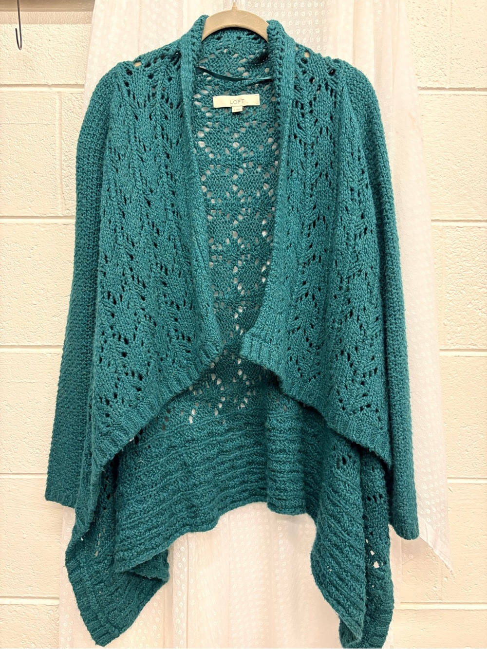 LOFT Teal Open-Front Boho Crochet Knit Sweater